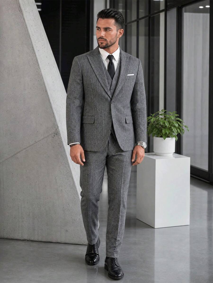 Men's Spring/Autumn Formal Suit Vest, Trousers, Jacket 3 Pieces Set, Casual Fashion Design, Everyday Wear - Dark Grey - View 1