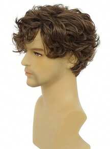Men's Short Brown Wig, Curly Layered Natural Side Part Hairstyle, Heat Resistant Synthetic Wig With Wig Cap - Brown - View 3