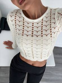 Sookaug Sweet Cool Preppy Style Off-White Striped Hollow Jacquard Knit Women's Ultra-Short Ruffle Sleeve Top, 2026 New Arrival - Beige - View 8