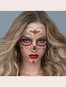 4 Sheets Day Of The Dead Sugar Skull Face Temporary Tattoo Stickers, Colorful Floral Skull Design, Waterproof Fake Face Decals For Halloween Carnival Cosplay Party Makeup - Multicolor - View 5