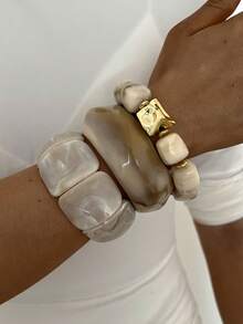 3pcs/Set Stackable Fashion Minimalist Elegant Exquisite Vintage Geometric White Resin Asymmetrical Marbled Pattern Beaded CCB Spliced Design Elastic Bracelet Chunky Wide Fat Bangle Set Holiday Vacation Party Date Gift Daily Commute Wear Personalized - Multicolor - View 2