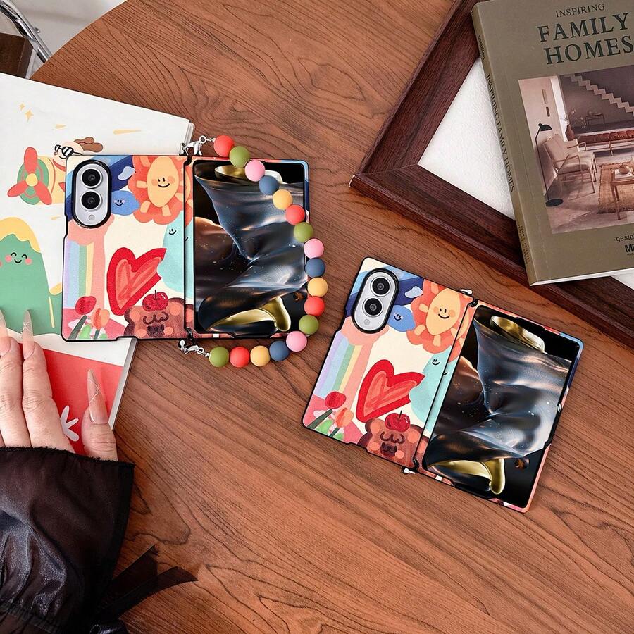 keshengtai PU Leather Oil Painting Pattern Phone Case With Rainbow Bracelet, Hard PC Back Plate Protective Phone Cover, Compatible With Samsung Galaxy Z Fold 8