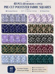 40Pcs 5*5 Inch 100% Polyester Precut Fabric Squares, Zigzag Edged Assorted Damask Floral Prints, Vintage Ornamental Pattern Patchwork Fabric For DIY Sewing Quilting Crafts - Multicolor(40pc) - View 4