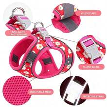 Step-In Anti-Collision Floral Adjustable Soft Mesh Reflective Pet Vest Harness & Leash Set, Purple Floral Pattern Dog Harness & Leash Set, Escape-Proof Puppy Harness Training Walking, Breathable Adjustable Puppy Vest, Suitable For Small And Medium Dogs And Cats - Multicolor - View 8