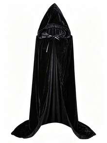 Halloween Black Velvet Witch Hat With Hood And Long Cape Set, Party Cosplay And Dark Wizard Costume Accessories - Black - View 7