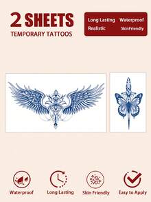 1 Set 2pcs Waterproof Butterfly Wing Tattoo Stickers, Semi-Permanent Botanical Temporary Tattoo, Sexy Waterproof Non-Reflective, Easy To Use, Suitable For Men And Women Back, Chest And Other Body Parts, Lasts 7-14 Days, Essential For Parties And Music Festivals - Blue - View 8