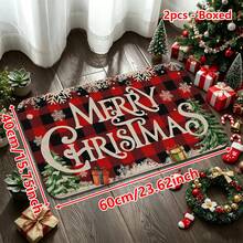 1/2/3件組聖誕主題廚房地墊，法蘭絨材質，紅黑格紋雪松卡車圖案，柔軟舒適吸水防滑，可機洗附背墊，多用途居家地墊，適用玄關、客廳、臥室、廚房、餐廳、浴室、露台、走道，節日裝飾 - 彩色 - 查看 14