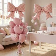 12pcs Pink Checkered Bow Balloons And Heart Balloons Set Birthday Party Decorations For Women Valentine's Galentine's Day - View 3