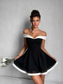 Women's Summer Contrast Trim Waist-Cinching A-Line Elegant Party Dress, Evening Gown, Gathering - Black - View 5