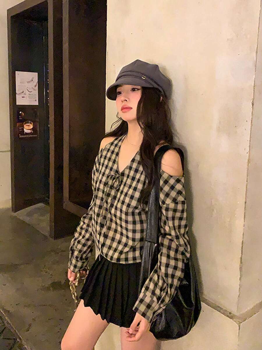 Blus Pelindung Matahari Lengan Panjang Model Dewasa dengan Kerah V dan Tali Depan, Motif Kotak-kotak, Gaya Dewasa