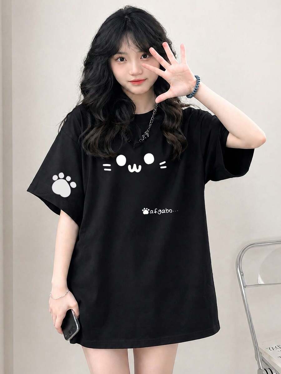 Women's Casual Loose Round Neck Cartoon Cat & Letter Print Short Sleeve T-Shirt, Summer Black - Black - View 1
