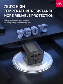 DELI LU5031 Universal Travel Adapter, 750℃ Flame-Retardant PC Shell, Multi-Plug Switchable Lock Design, Portable Power Converter For International Travel And Business Trips - Black - View 7