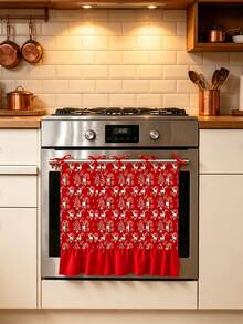 Christmas Oven & Dishwasher Door Curtain, Red Background With White Reindeer & Christmas Tree Print, Ruffled Edge With Red Bow, Holiday Kitchen Stove Decoration, Winter Home Party Kitchen Entryway Cabinet Decor Accessory - Red - View 4