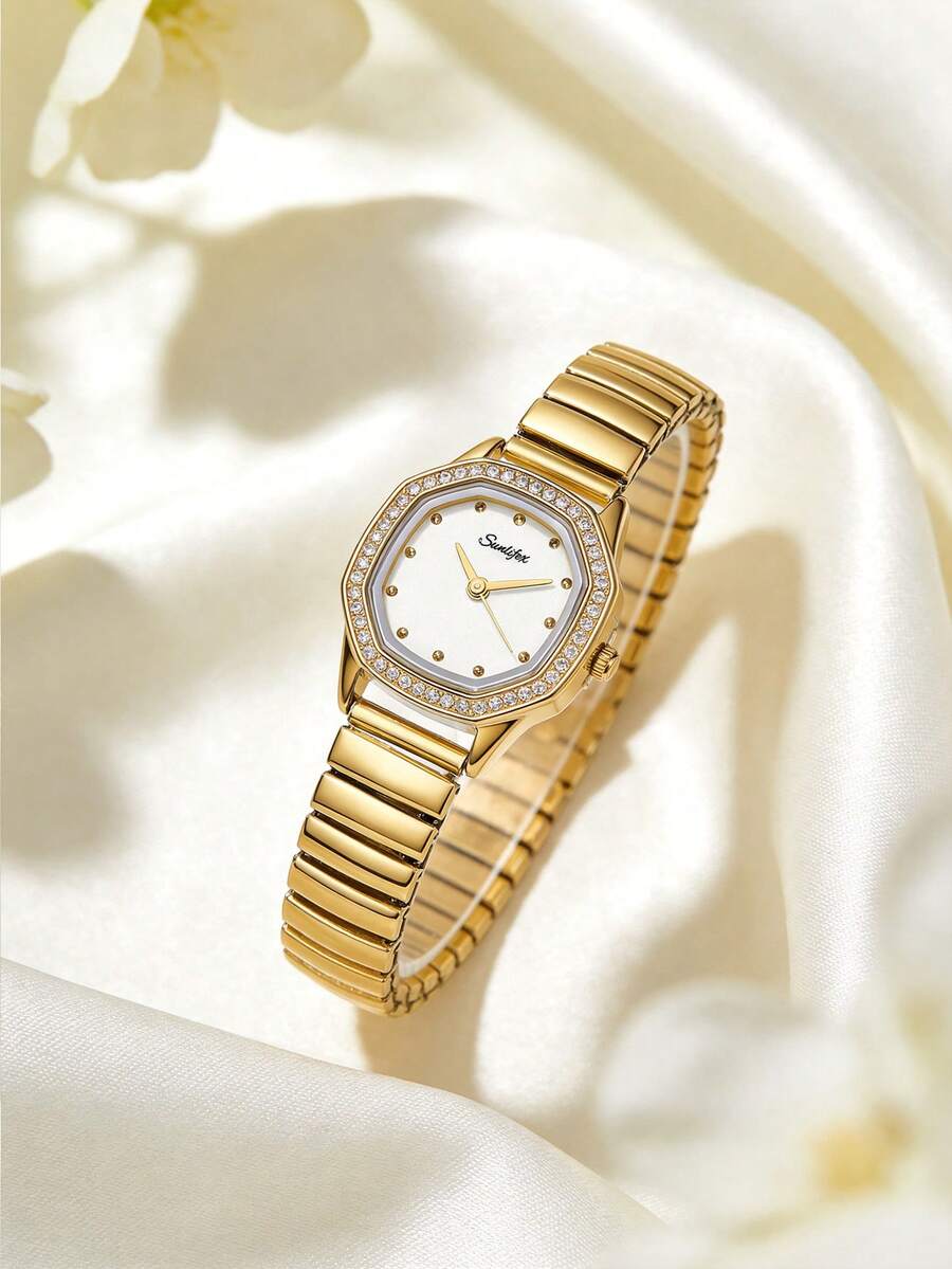 1pc Women's Octagonal Retro Quartz Watch, Gold Alloy Case With Rhinestone Bezel, Gold Alloy Elastic Strap Elegant Watch, Daily Wear Gift - White - View 1