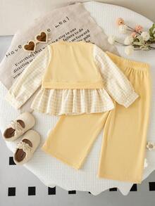 Autumn/Winter Baby Girl Cute Stylish Cream 3D Floral Long Sleeve Set & Plaid Patchwork 2 In 1 Top With Drapey Ribbed Flare Pants Casual Outfit - Yellow - View 2