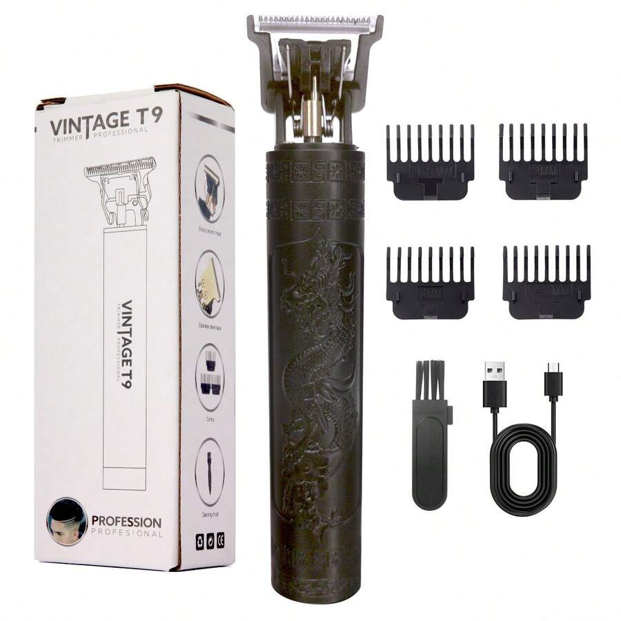 Men's Dragon Pattern T9 Hair Clipper, USB Rechargeable Wireless Hair Trimmer, 0mm Bald Head & Beard Clipper With Guide Combs - Black - View 1