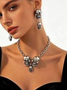 2pcs/Set Women's Vintage Gothic Distressed Silver Chunky Chain Three Skull Pendant Collarbone Necklace & Double Layer Skull Earrings Jewelry Set, Dark Personalized Skull Necklace & Earrings Combination, Suitable For Halloween Party, Gothic Theme Ball, Gathering Outfit - Antique Silver - View 2