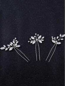 1pc Crystal Hair Pins, Asymmetrical Bridal Hair Accessories, Wedding Dress Decorations - Silver - View 3