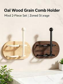 1/2pcs No-Drill Wall-Mounted Hair Tool Storage Rack, Wooden Bathroom Organizer Shelf, Practical Storage And Bathroom Decor, Suitable For Combs, Hair Clips And Hair Ties, Space-Saving - Multicolor - View 1