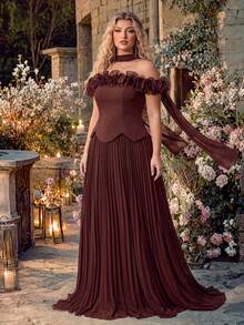 QOQ Women Plus Size Elegant Romantic Vintage Thin Strap Sleeveless Formal Evening Gowns Hoco Homecoming Ruffle Dinner Date Cocktail Party Maxi Dresses - Brown - View 4