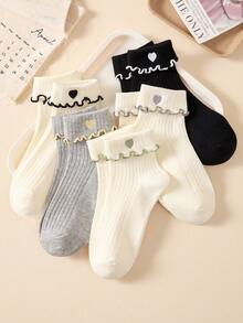 5 pares de calcetines cortos/calcetines de tobillo para mujer con lindo patrón de corazón bordado, suaves y transpirables con ribete de volantes, adecuados para todas las estaciones, colores aleatorios - Multicolor - Ver 8