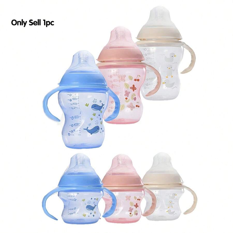 Botol Bayi PP Leher Lebar Bergambar Menarik 260ml/150ml dengan Pegangan, Botol Susu Bentuk Melengkung yang Mudah Digenggam, Botol Susu