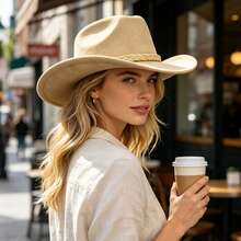 Retro Cowgirl Hat For Women Men Faux Suede Wide Brim Western Cap - Light Brown - View 1