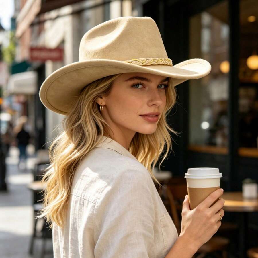 Retro Cowgirl Hat For Women Men Faux Suede Wide Brim Western Cap - Light Brown - View 1