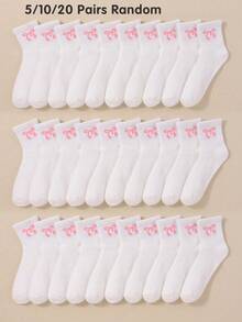 5/10/20 Pairs Random Pink Bow Crew Socks For Girls Toddler Kids Teen Tween Fall Winter Ankle Socks Back To School White Socks For Halloween Christmas - Multicolor - View 8