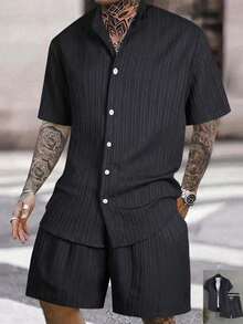 Conjunto Casual para Hombre, Camisa de Manga Corta de Cuello Mao con Textura Rayada + Shorts con Cordón, Traje Ligero Transpirable, Ropa Veraniega Cómoda para Salidas y Uso Diario - Negro - Ver 2