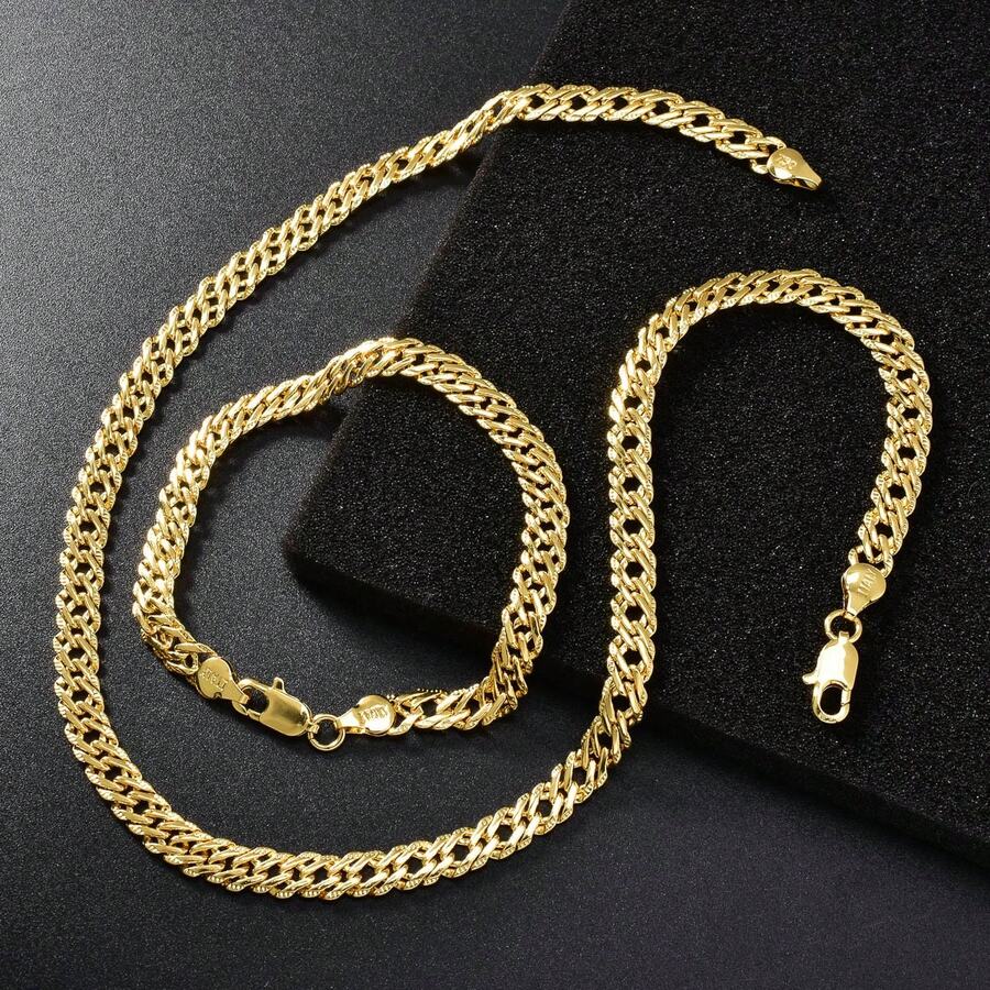18K Gold Plated Copper Chain Necklace Bracelet Jewelry Set For Women Men Daily Wear - Gold 2 - View 1