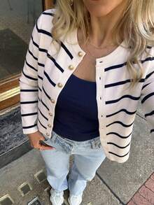Women's Striped Gold Button Cardigan Sweater, White Long Sleeve, Medium Stretch, Regular Fit, Autumn/Winter - Black and White - View 7