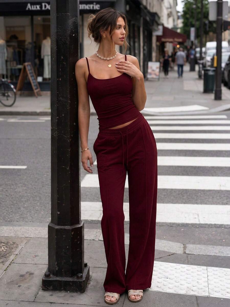 2pcs Summer Plain Solid Camisole & Drawstring Waist Sweatpants Set Elegant - Burgundy - View 1