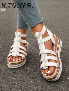 New Fashion Women's Bohemian Style Thick Sole Wedge Sandals, Versatile Woven Strap Design, Suitable For Beach, Party And Casual Daily Wear - White - View 1