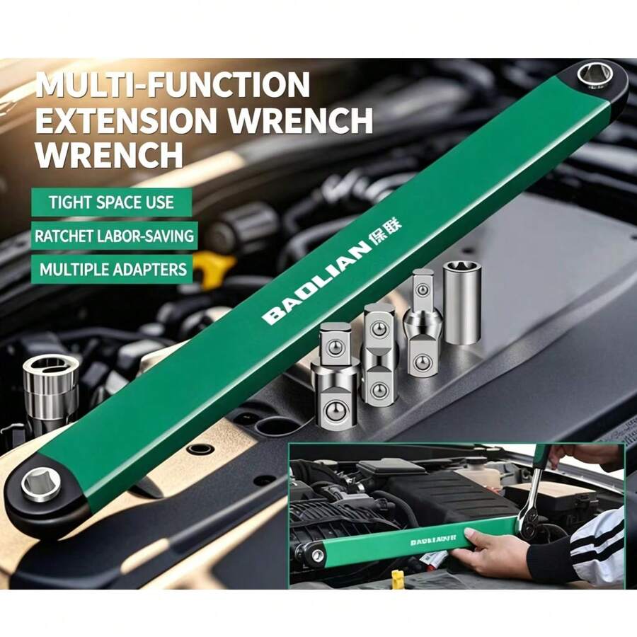 Kunci Ratchet Ekstensi, Kunci Perbaikan Mobil Baja Karbon Tinggi, dengan 4 Adaptor, Cocok untuk Ruang Sempit - Batang ekstensi kunci pas multifungsi - View 1