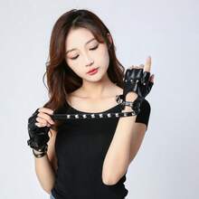 1 par de guantes góticos oscuros de media dedo para mujer, guantes de media dedo con remaches para disfraz de actuación, baile, actuación punk, discoteca, pole dance, cuero PU, baile callejero, guantes de motocicleta - Multicolor - Ver 1