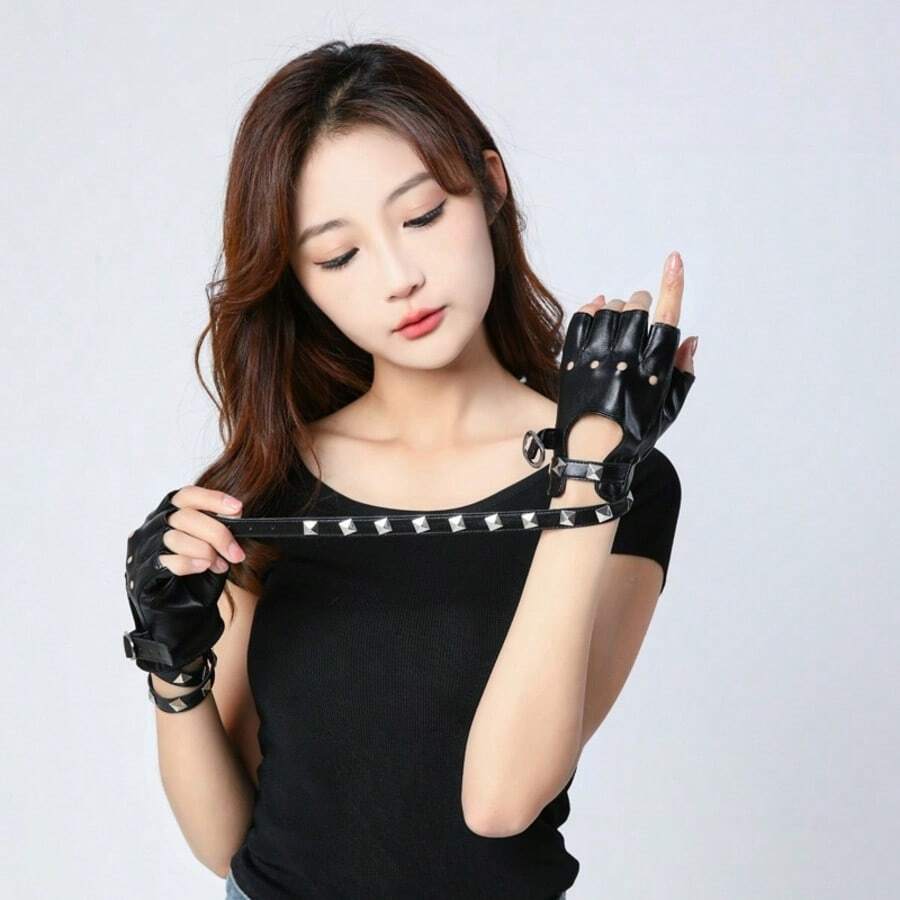 1 par de guantes góticos oscuros de media dedo para mujer, guantes de media dedo con remaches para disfraz de actuación, baile, actuación punk, discoteca, pole dance, cuero PU, baile callejero, guantes de motocicleta - Multicolor - Ver 1