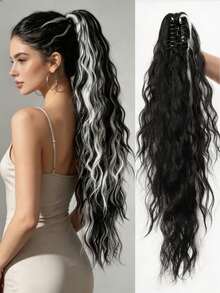 26 Inch Long Wavy Ponytail Hair Extension, Suitable For Women And Girls Daily Wear - Highlights White - View 1