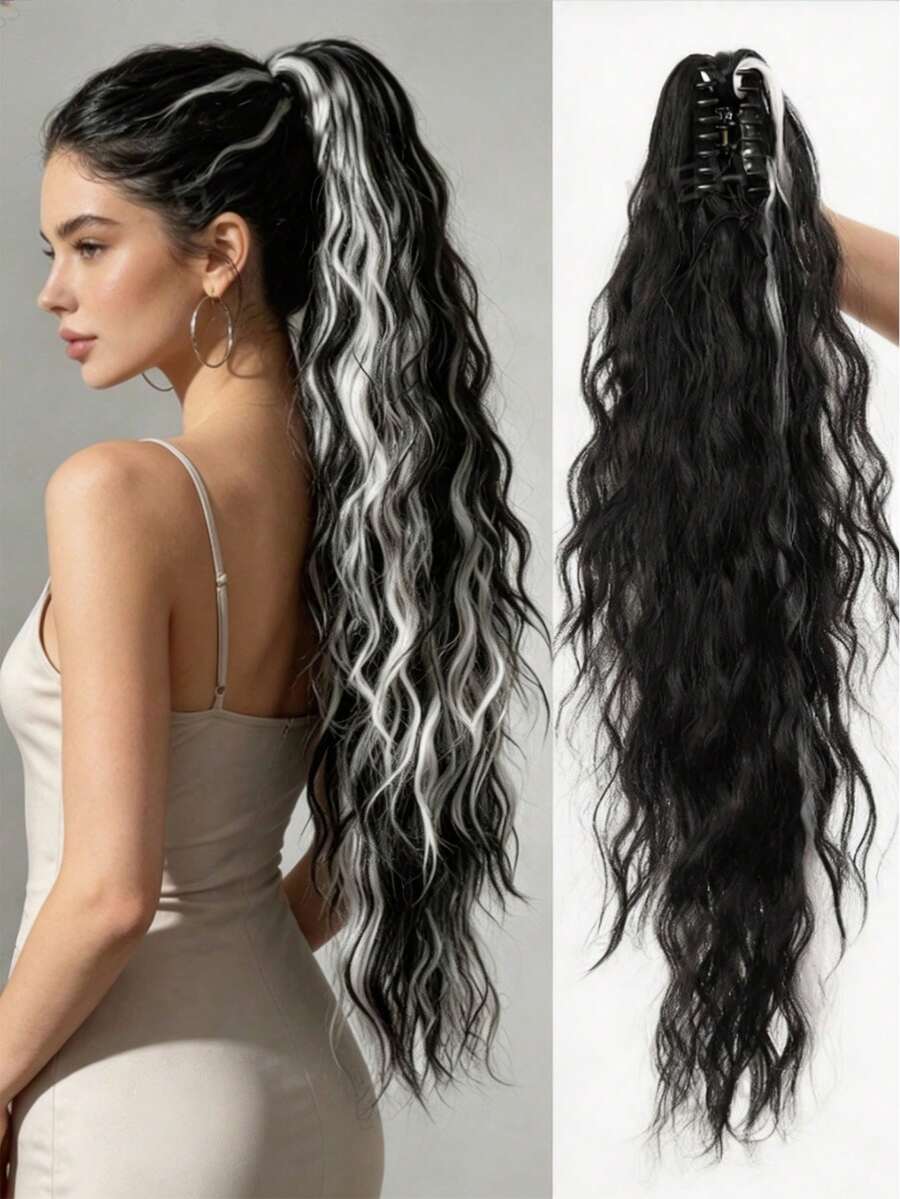26 Inch Long Wavy Ponytail Hair Extension, Suitable For Women And Girls Daily Wear - Highlights White - View 1