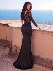 Elegant One-Shoulder Lace Top With Slit Mermaid Hem Formal Party Dress - Black - View 3