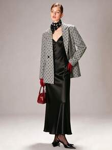Women's Grey Base Black Polka‑Dot Boxy Blazer, Lapel Single‑Button Design, Wide‑Shoulder Loose Fit, Blazer With Flap Pockets - Grey - View 8
