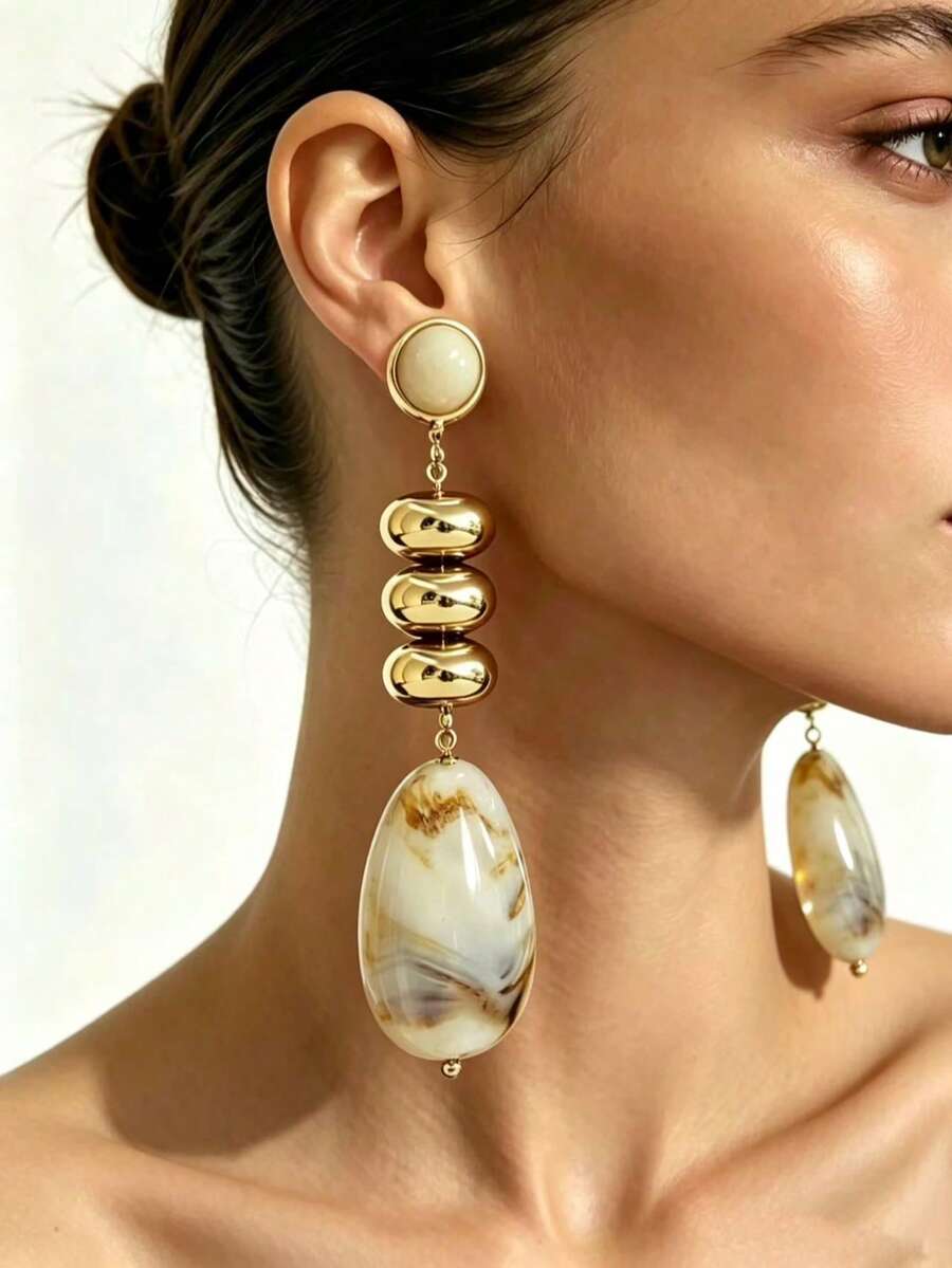1 Pair Fashion Elegant Bohemian Style Marble Pattern Teardrop Thick ...