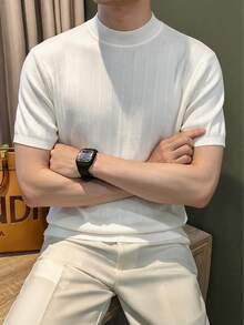 Men's White Ribbed Half-High Neck Short Sleeve Knit Pullover T-Shirt, Textured Slim Fit Casual Commuter Top For Spring, Summer, Autumn - White - View 5