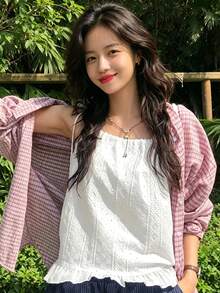 YCYC Atasan Tank Camisole Longgar Bergaya Korea dengan Bordir Bunga dan Hiasan Ruffle untuk Wanita Musim Panas - Putih - View 2