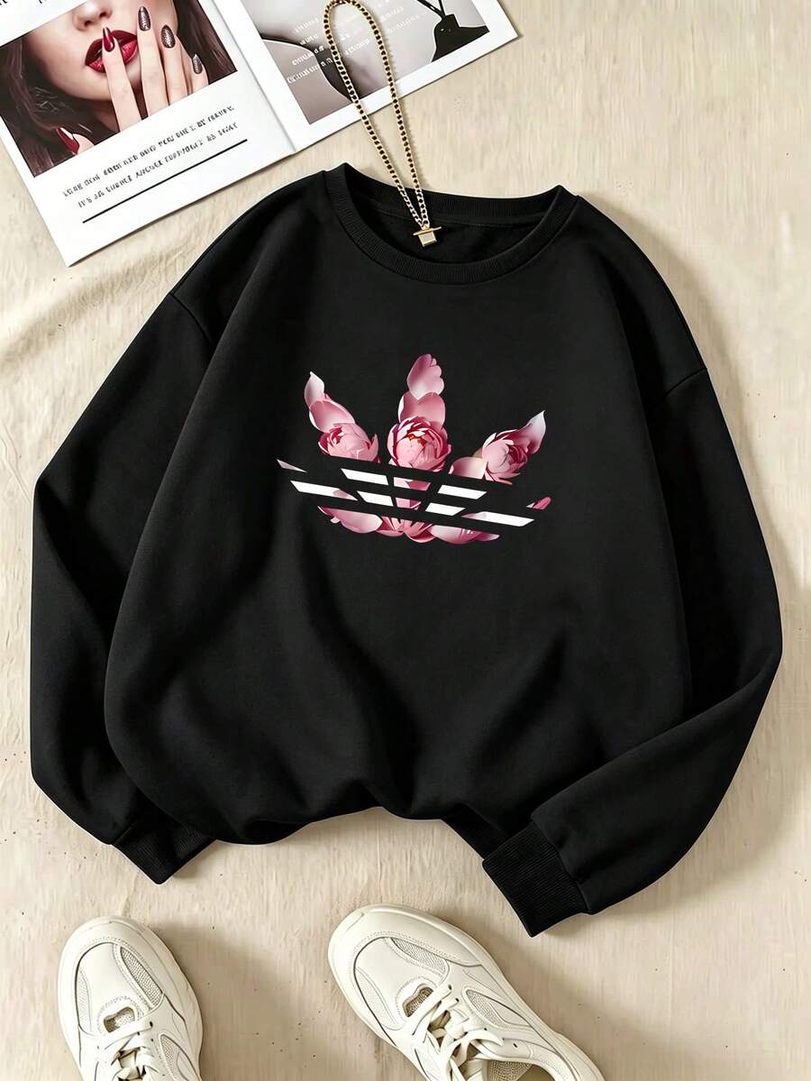 Plus-Size Women's Fashionable Black Crew Neck Sweatshirt With Floral Print, Perfect For A Retro-Style Casual Streetwear Look In Autumn And Winter. - Black - View 1