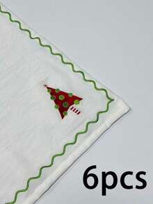 1/2/6pcs Christmas Embroidered Napkins, Christmas Tree Pattern Linen Placemats And Napkins, Holiday Table Decor Cloth For Party And Daily Use - Multicolor - View 15