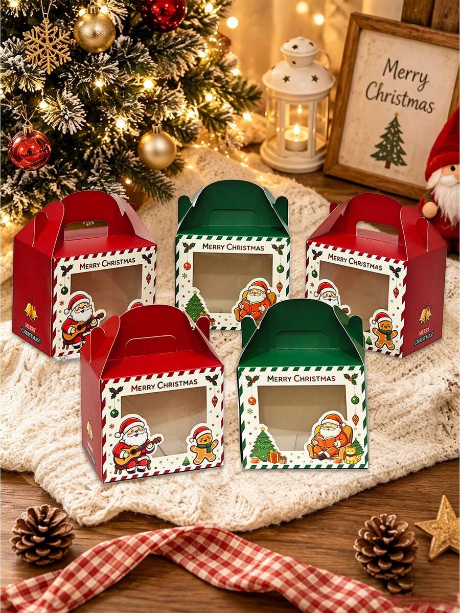 6pcs/12pcs/24pcs Christmas Transparent Window Dessert Packaging Box With Handle, Foldable Cookie Biscuit Empty Gift Box, Suitable For Macarons, Fruit Tarts, Private Baking Holiday Packaging Container - View 1