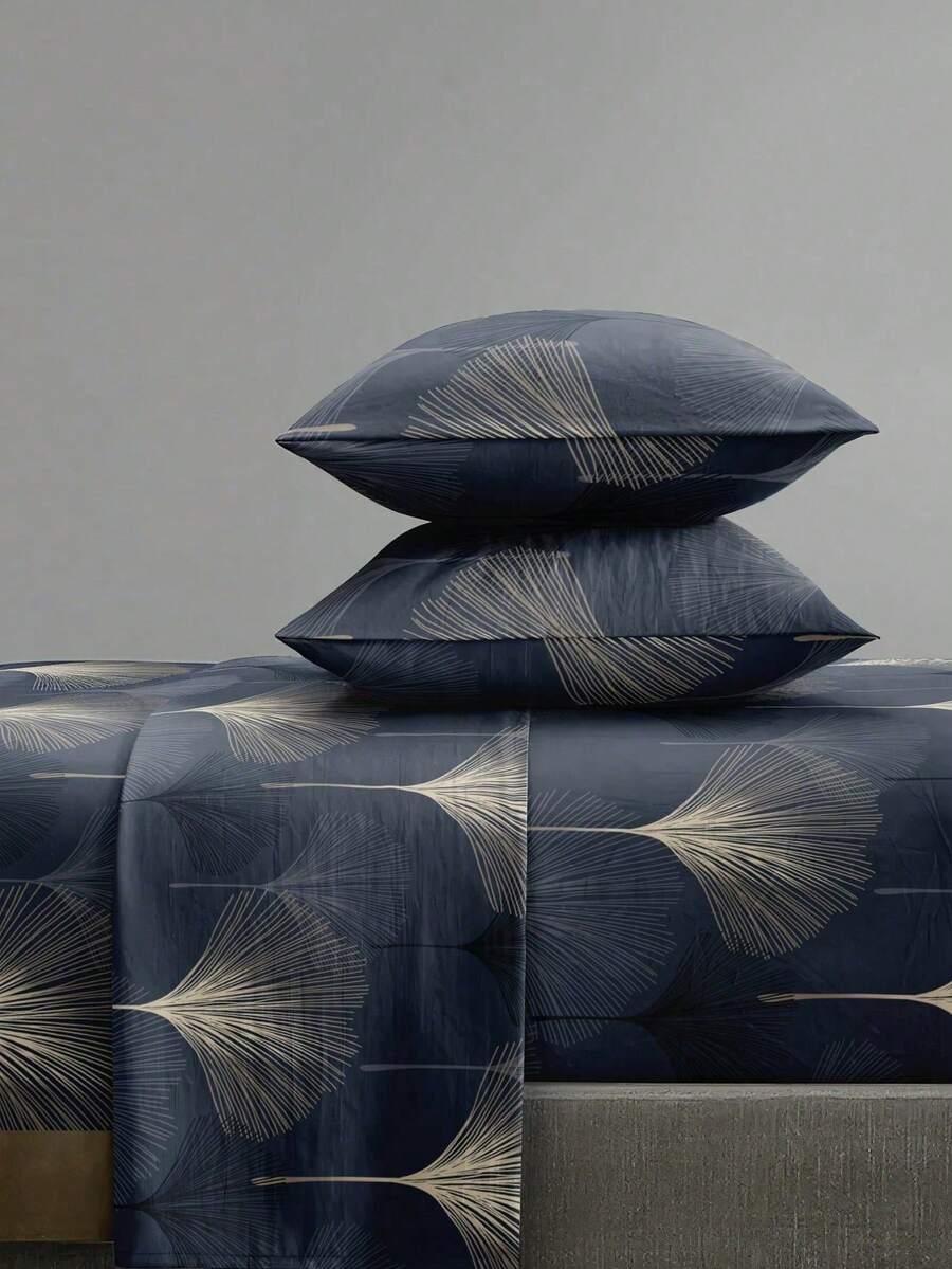 4-Piece Navy Blue Ginkgo Leaf Floral Pattern Bedding Set, Easy-Care Soft Bedding Set, Fitted Sheet Set (1 Flat Sheet + 1 Fitted Sheet + 2 Pillowcases), Suitable For King, Queen, Full, Twin Sizes, Deep Pocket Fitted Sheet Design, Pillowcases Up To 11.8 Inches, Soft And Breathable, Wrinkle-Resistant - Multicolor - View 1