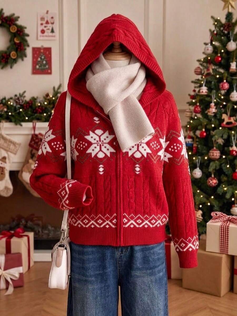 Girls' Preppy Style Geometric Pattern Cable Knit Hooded Cardigan Sweater, Long Sleeve, Suitable For Daily Wear, School, Spring, Autumn, Winter - Red - View 1