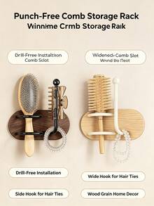 1/2pcs No-Drill Wall-Mounted Hair Tool Storage Rack, Wooden Bathroom Organizer Shelf, Practical Storage And Bathroom Decor, Suitable For Combs, Hair Clips And Hair Ties, Space-Saving - Multicolor - View 5